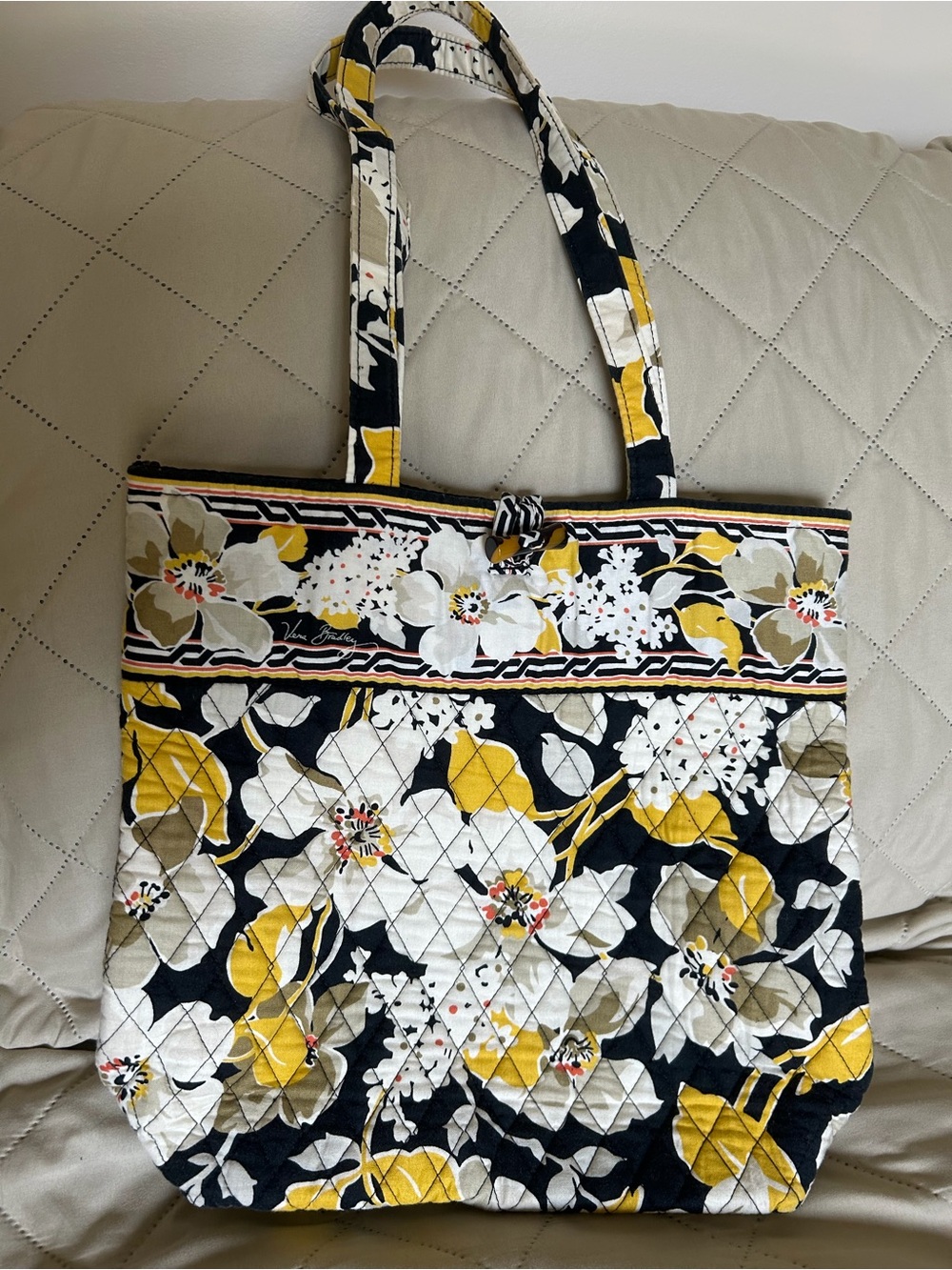 Vera Bradley Quilted Floral Tote in Black, Yellow & White